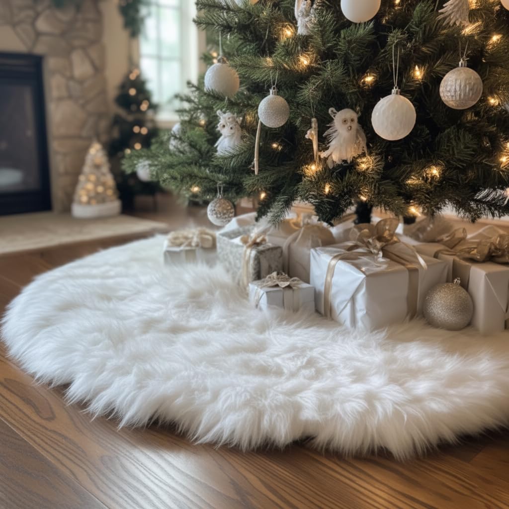 AISENO 48 Inch White Faux Fur Christmas Tree Skirt, Luxury Plush Tree Base Cover for Holiday Party and Home Christmas Decor