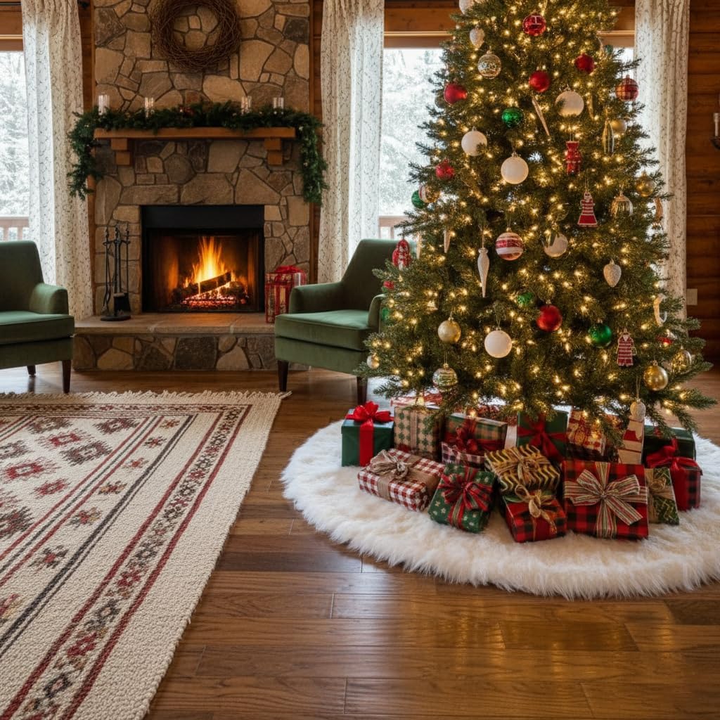 AISENO 48 Inch White Faux Fur Christmas Tree Skirt, Luxury Plush Tree Base Cover for Holiday Party and Home Christmas Decor