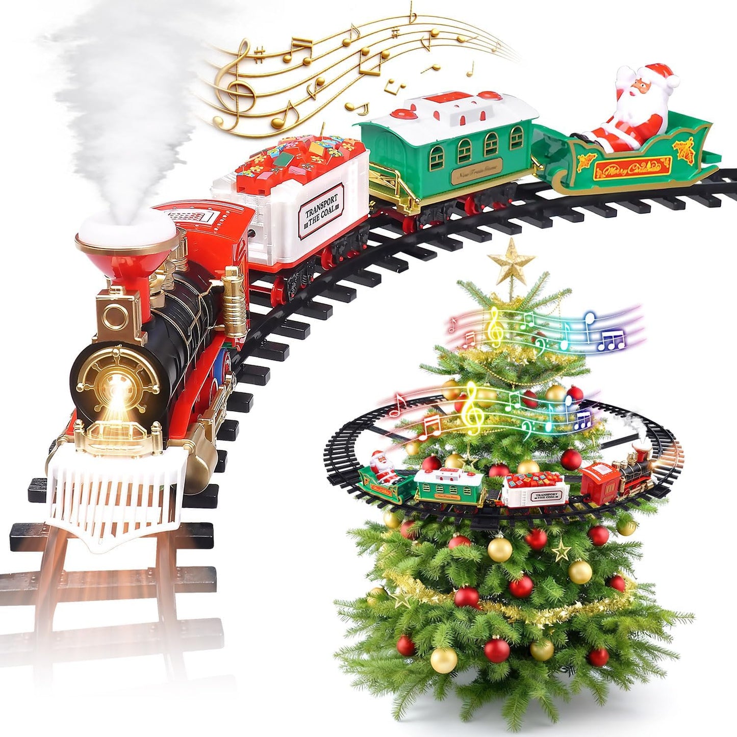 Christmas Train Set 2 in 1 Hanging Around The Tree Train Toys for Toddlers with Luxury Track & Sound and Smoke,Train Toy Set Around & Under The Christmas Tree, Best Indoor Christmas Decoration