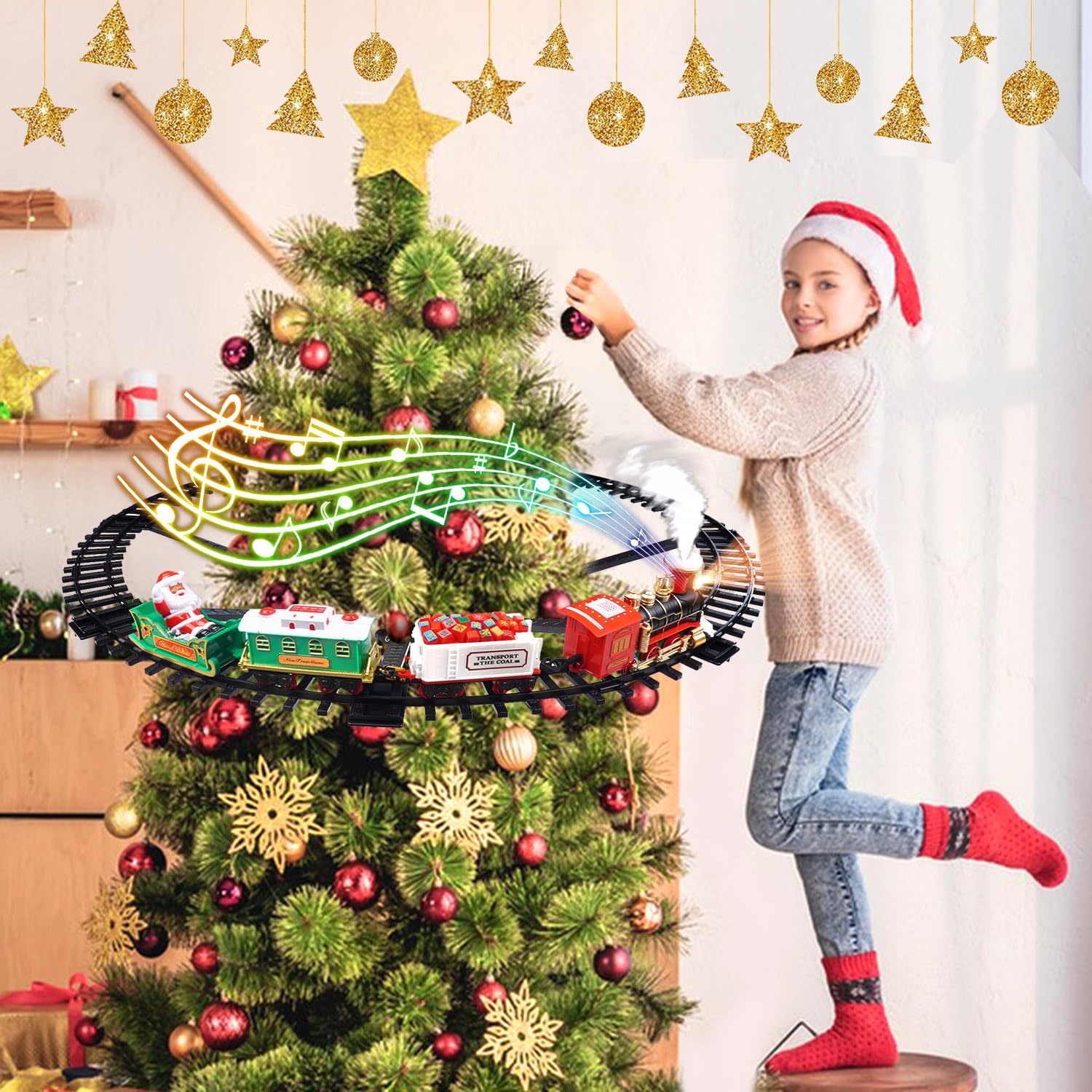 Christmas Train Set 2 in 1 Hanging Around The Tree Train Toys for Toddlers with Luxury Track & Sound and Smoke,Train Toy Set Around & Under The Christmas Tree, Best Indoor Christmas Decoration